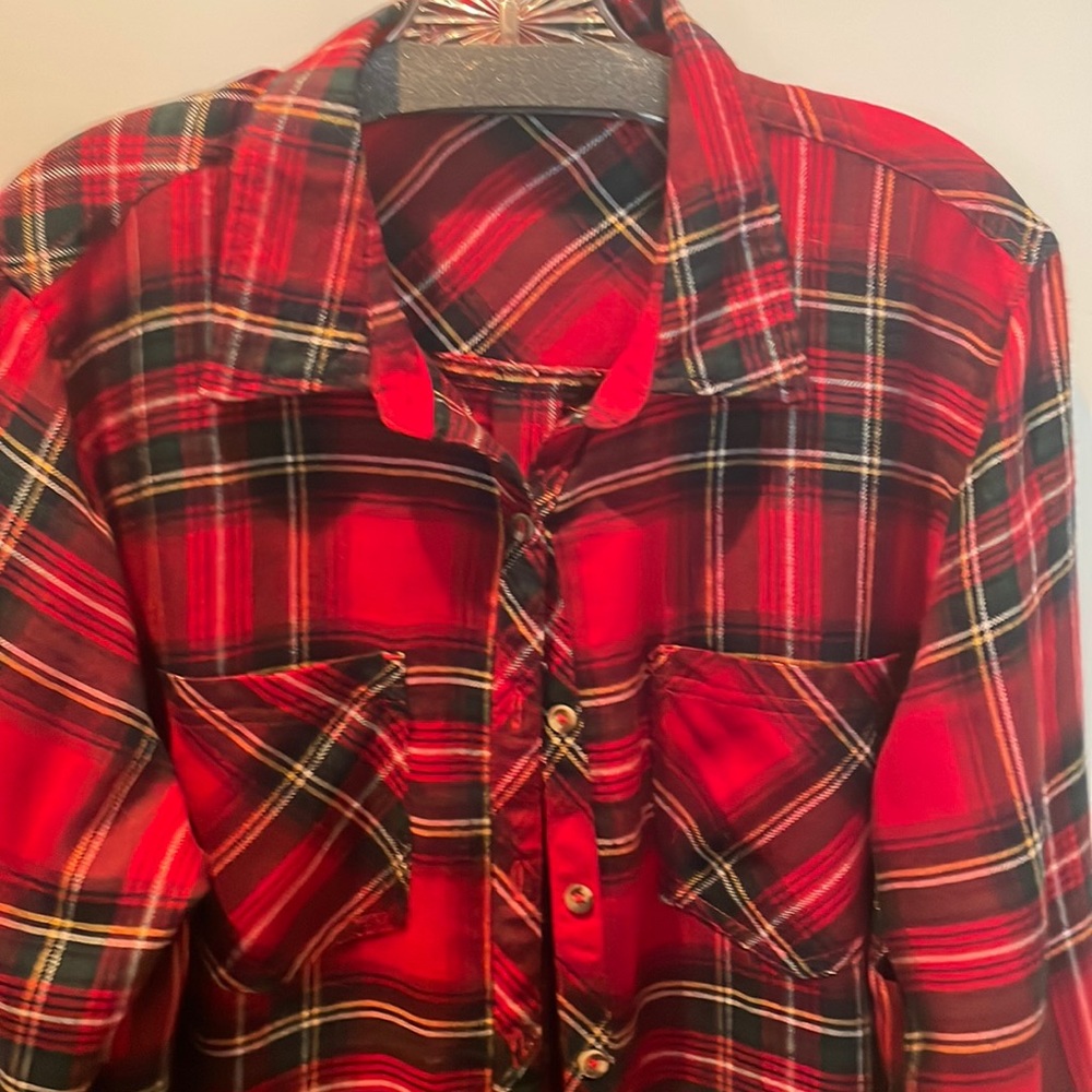 Long sleeve red plaid button down women’s top